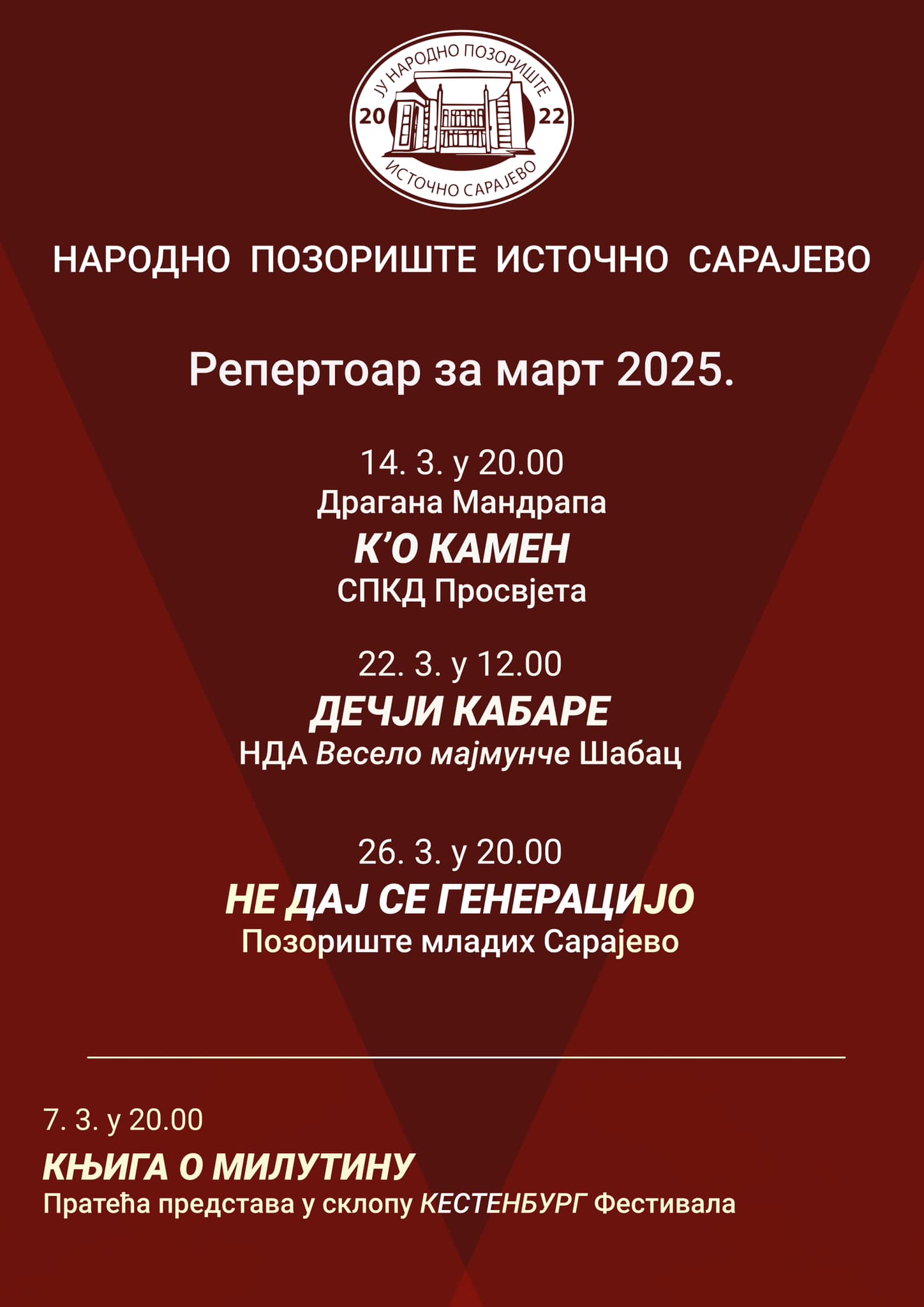 РЕПЕРТОАР ЗА МЈЕСЕЦ МАРТ У НАРОДНОМ ПОЗОРИШТУ ИСТОЧНО САРАЈЕВО