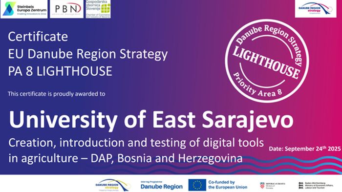 Универзитет у Источном Сарајеву добитник је признања EU Danube Region Strategy – Priority Area 8 “Lighthouse”